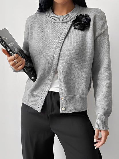 Solid Color Button Front Flower Decor Knitted Sweater