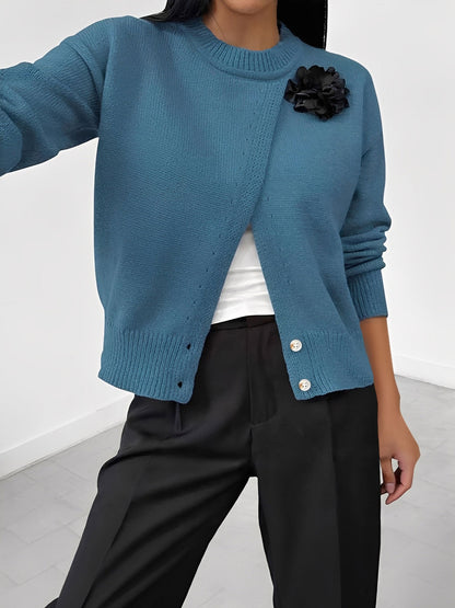 Solid Color Button Front Flower Decor Knitted Sweater