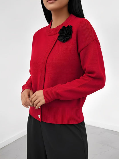 Solid Color Button Front Flower Decor Knitted Sweater