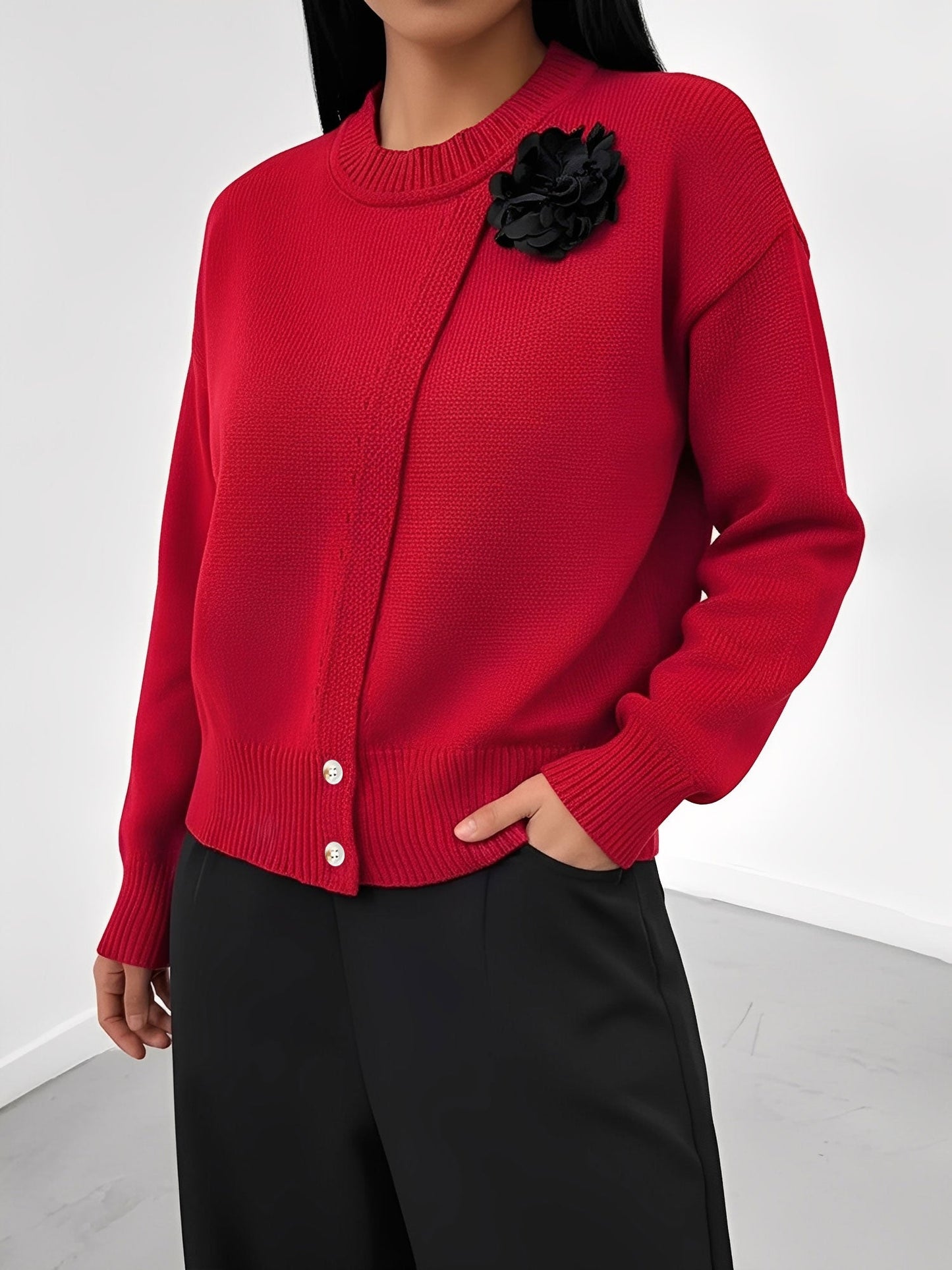 Solid Color Button Front Flower Decor Knitted Sweater