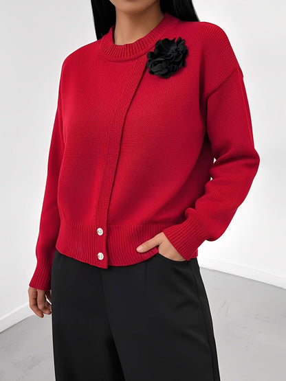 Solid Color Button Front Flower Decor Knitted Sweater