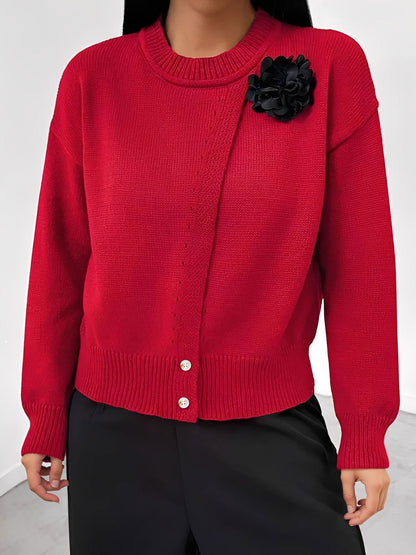 Solid Color Button Front Flower Decor Knitted Sweater