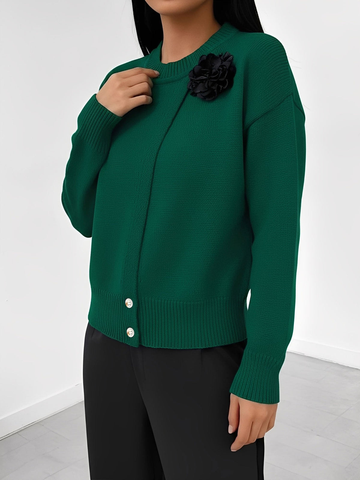 Solid Color Button Front Flower Decor Knitted Sweater