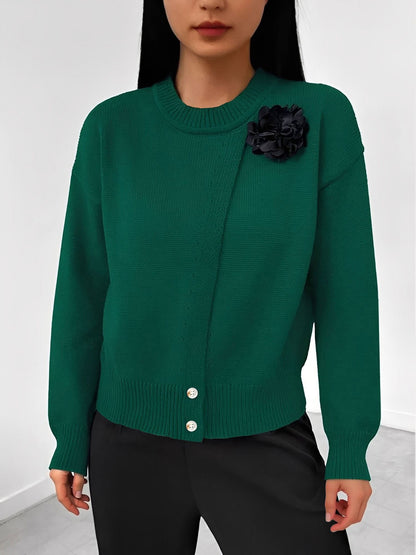 Solid Color Button Front Flower Decor Knitted Sweater