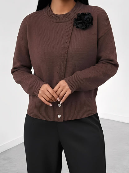 Solid Color Button Front Flower Decor Knitted Sweater