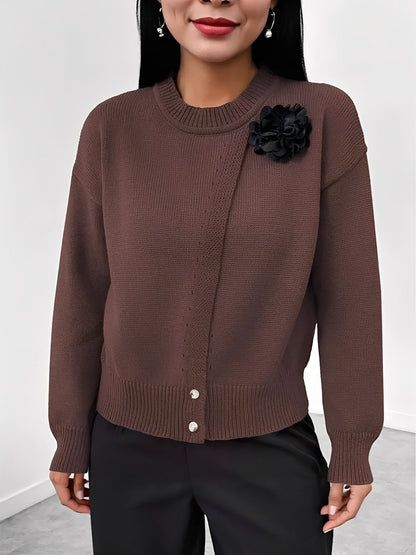 Solid Color Button Front Flower Decor Knitted Sweater