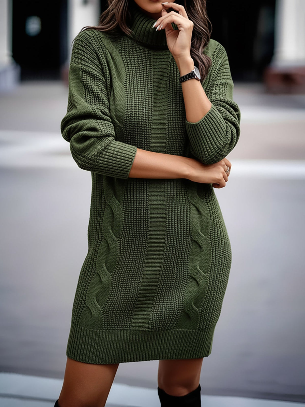 Solid Color Turtleneck Long Sleeve Knitted Sweater Dress