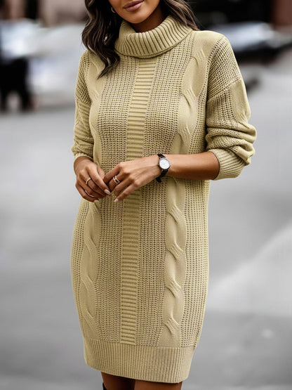Solid Color Turtleneck Long Sleeve Knitted Sweater Dress