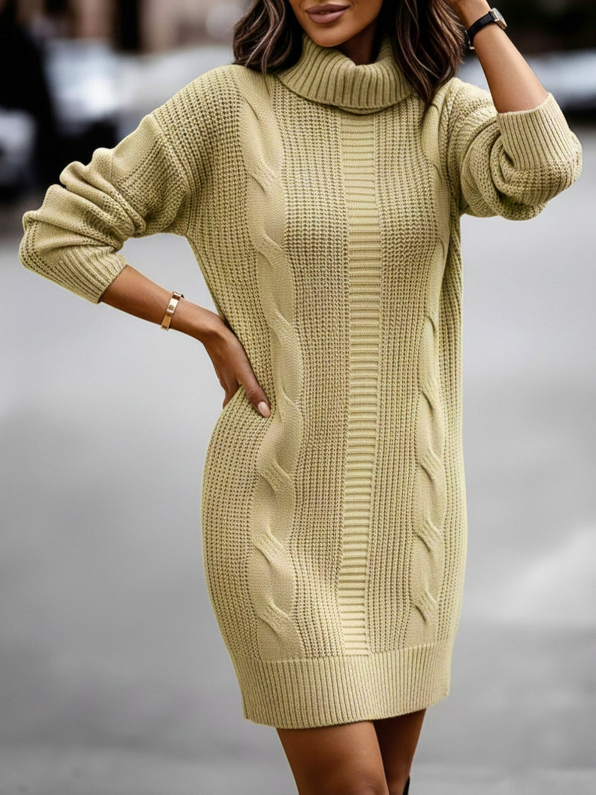 Solid Color Turtleneck Long Sleeve Knitted Sweater Dress