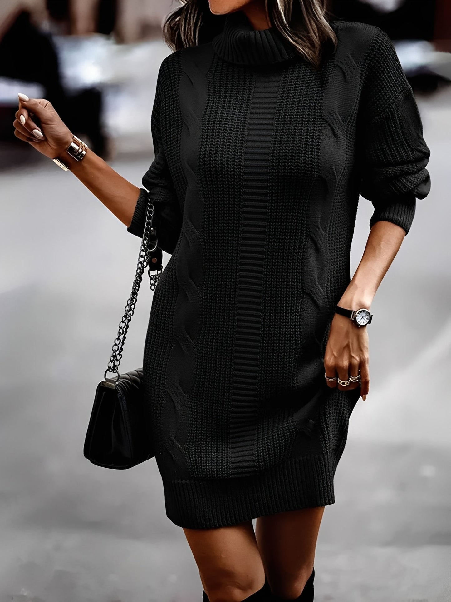 Solid Color Turtleneck Long Sleeve Knitted Sweater Dress