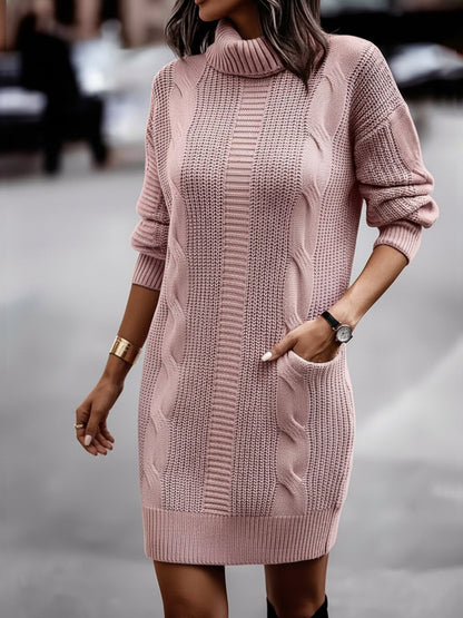 Solid Color Turtleneck Long Sleeve Knitted Sweater Dress