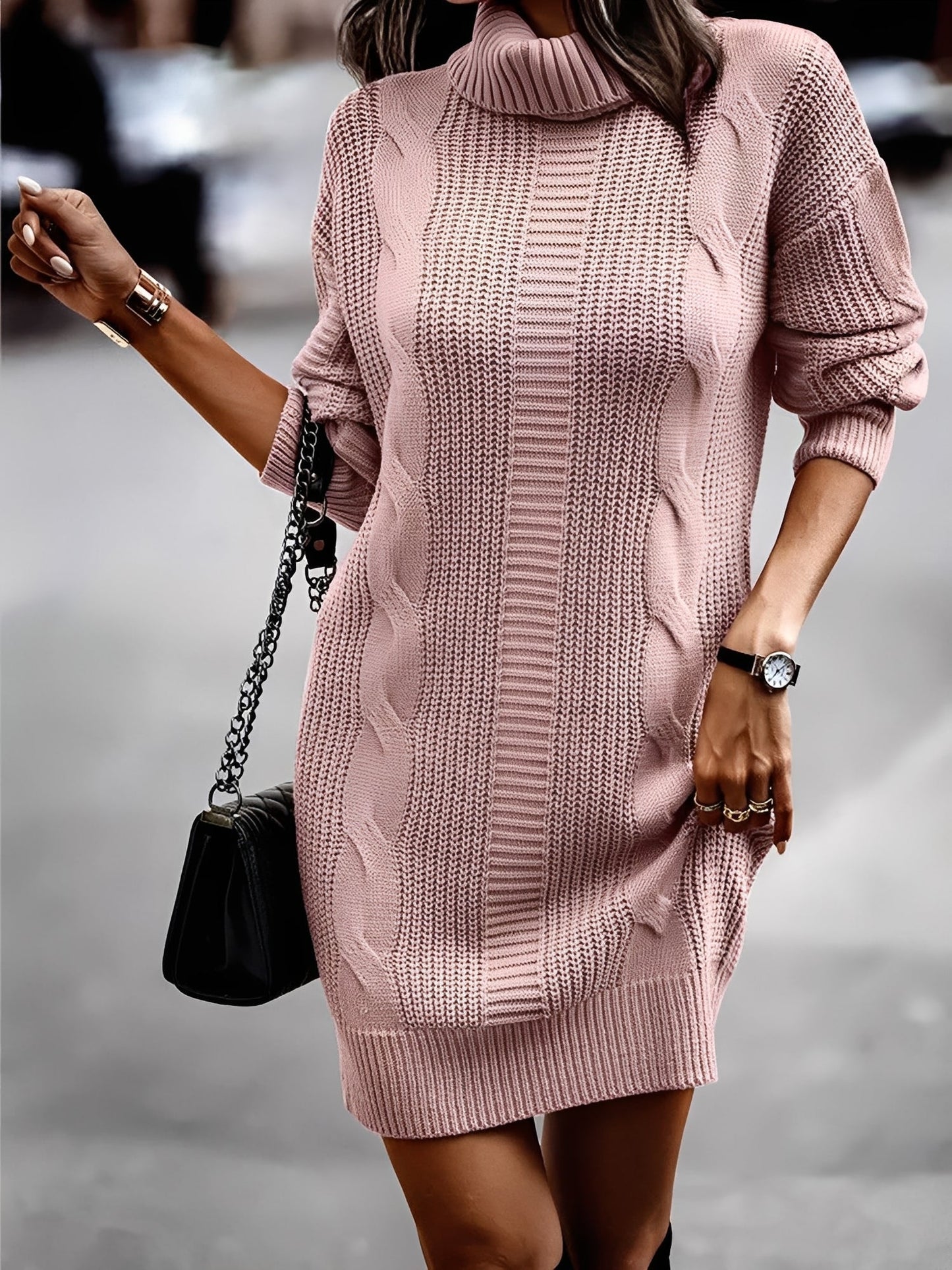 Solid Color Turtleneck Long Sleeve Knitted Sweater Dress