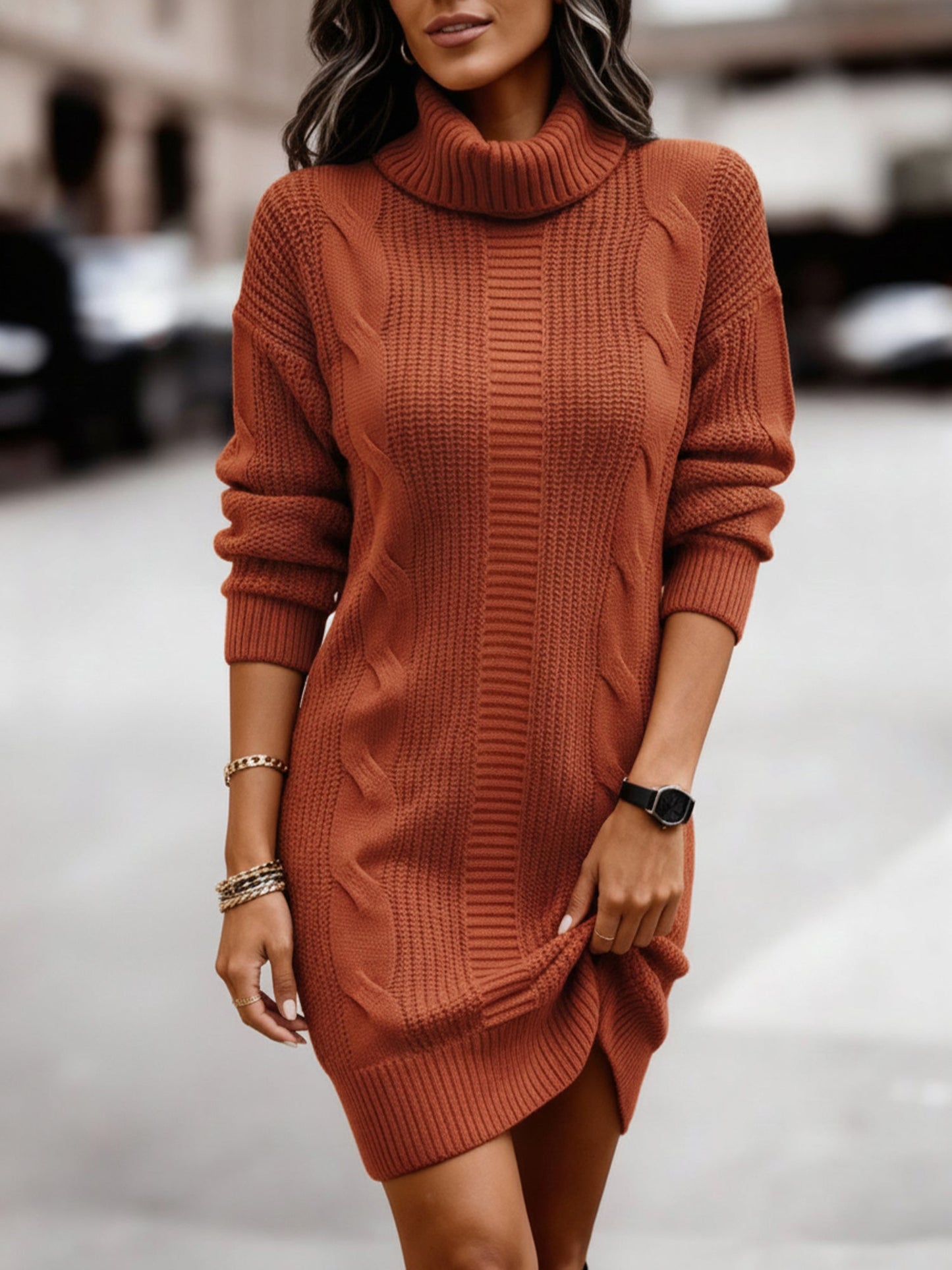 Solid Color Turtleneck Long Sleeve Knitted Sweater Dress