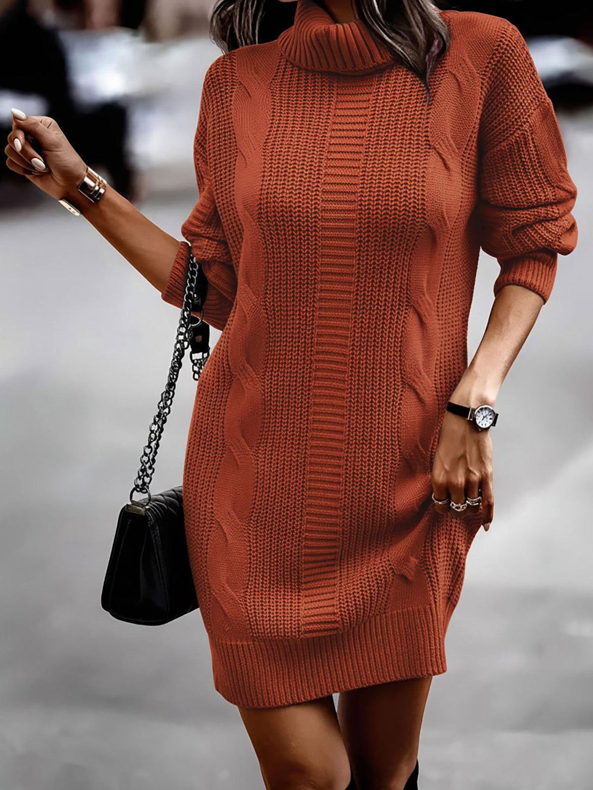 Solid Color Turtleneck Long Sleeve Knitted Sweater Dress