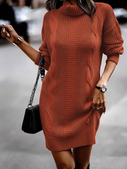 Solid Color Turtleneck Long Sleeve Knitted Sweater Dress