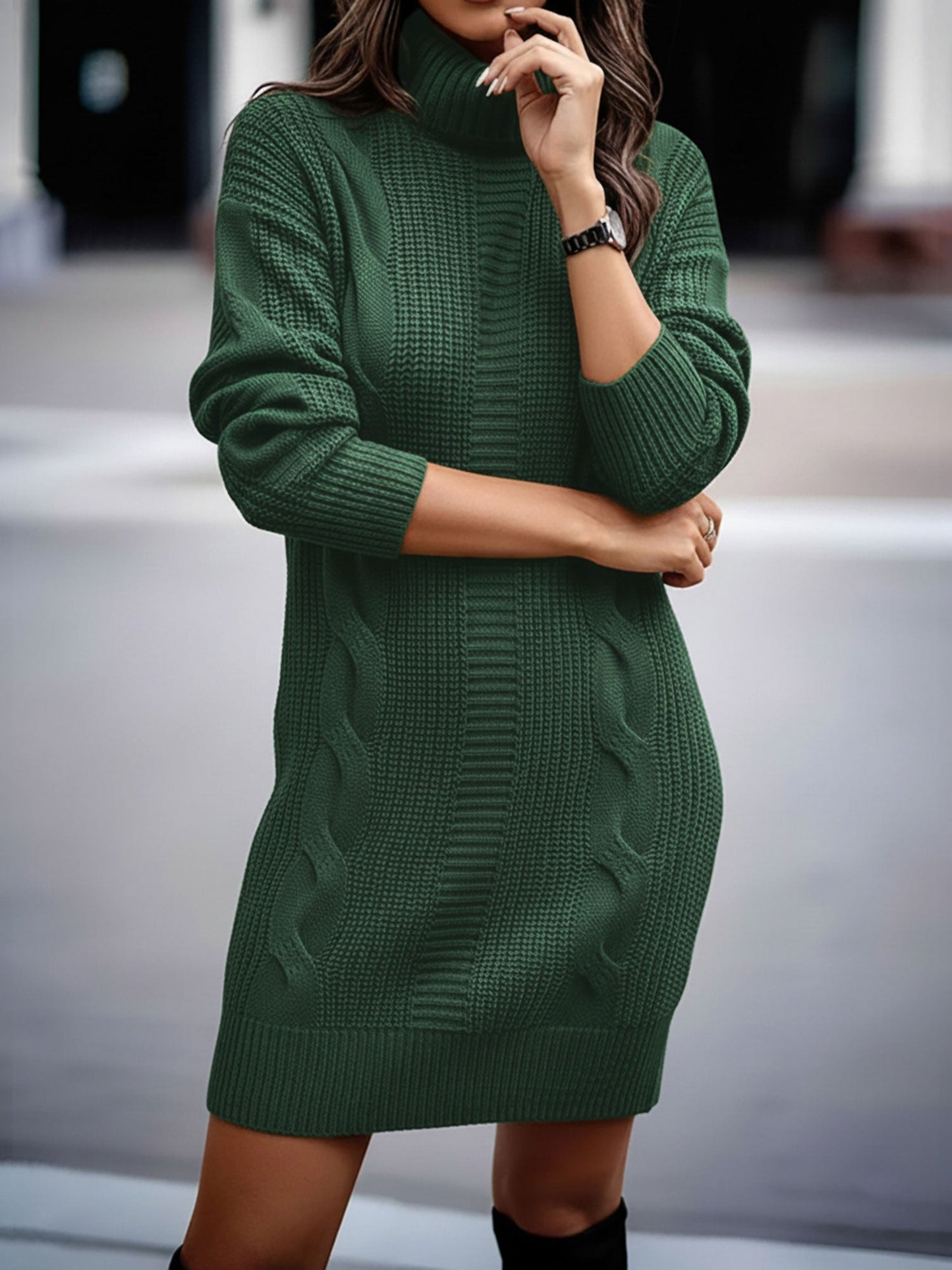 Solid Color Turtleneck Long Sleeve Knitted Sweater Dress
