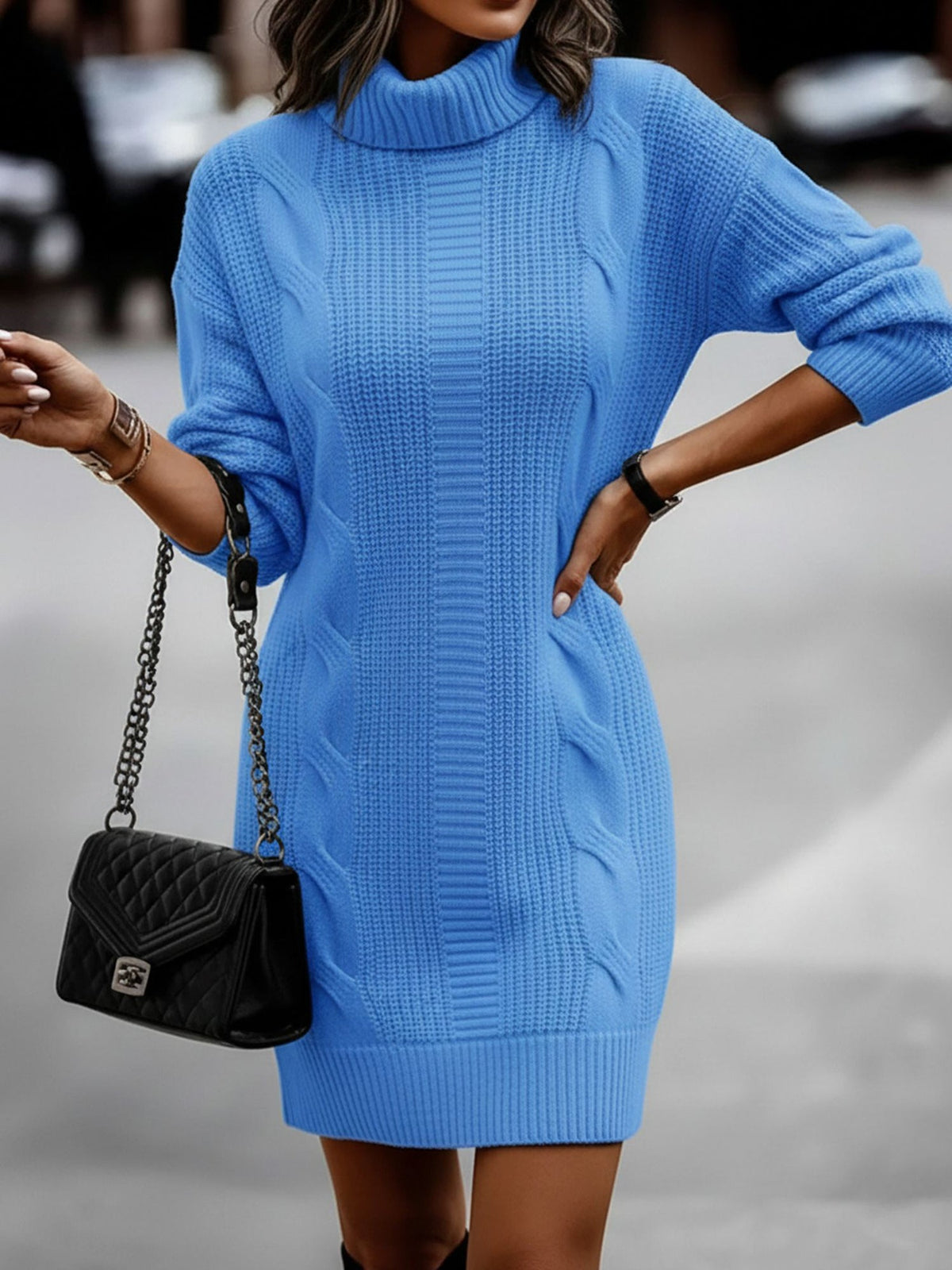 Solid Color Turtleneck Long Sleeve Knitted Sweater Dress