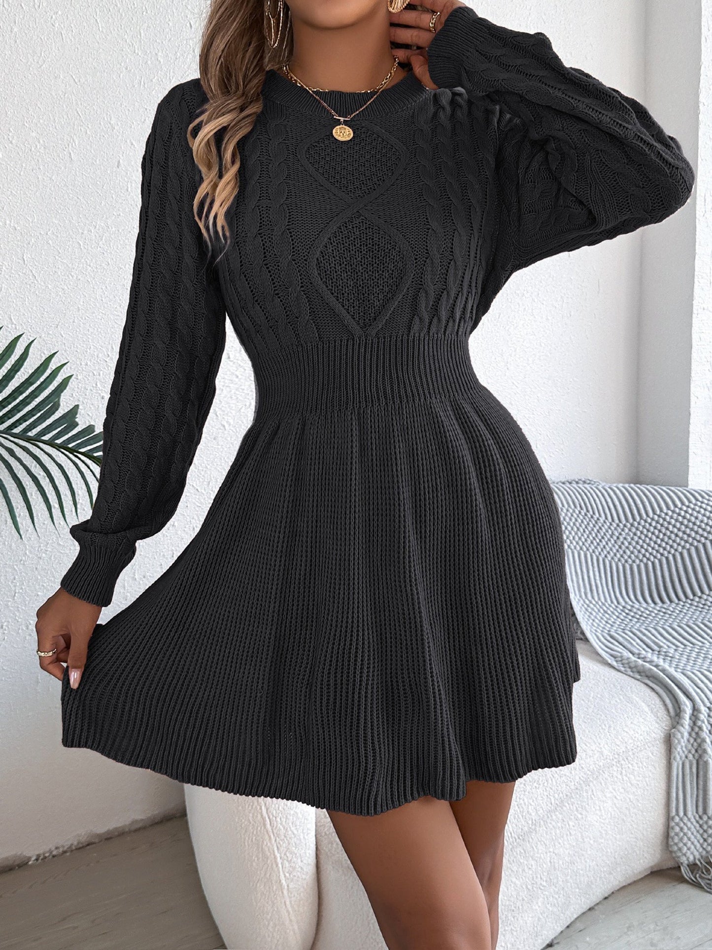 Round Neck Long Sleeves Cable Knit Mini Sweater Dress