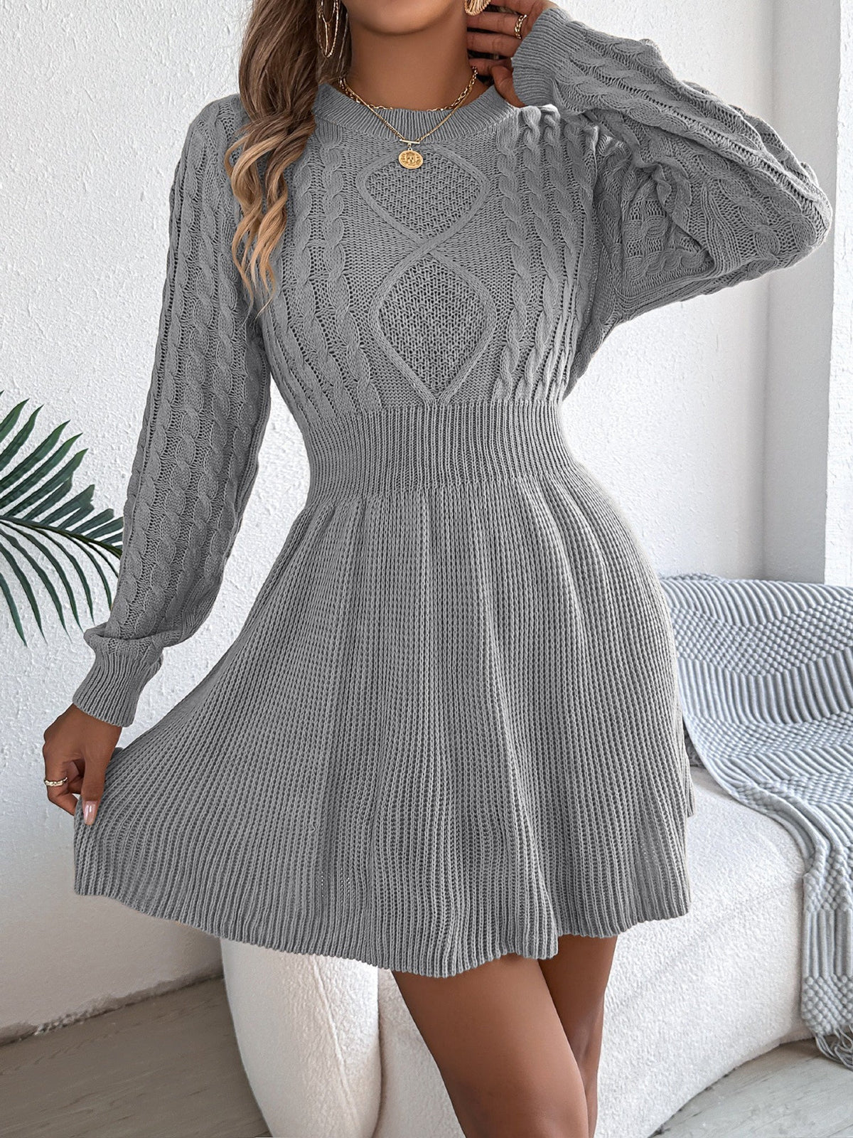 Round Neck Long Sleeves Cable Knit Mini Sweater Dress