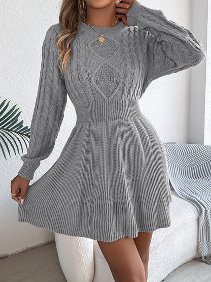 Round Neck Long Sleeves Cable Knit Mini Sweater Dress