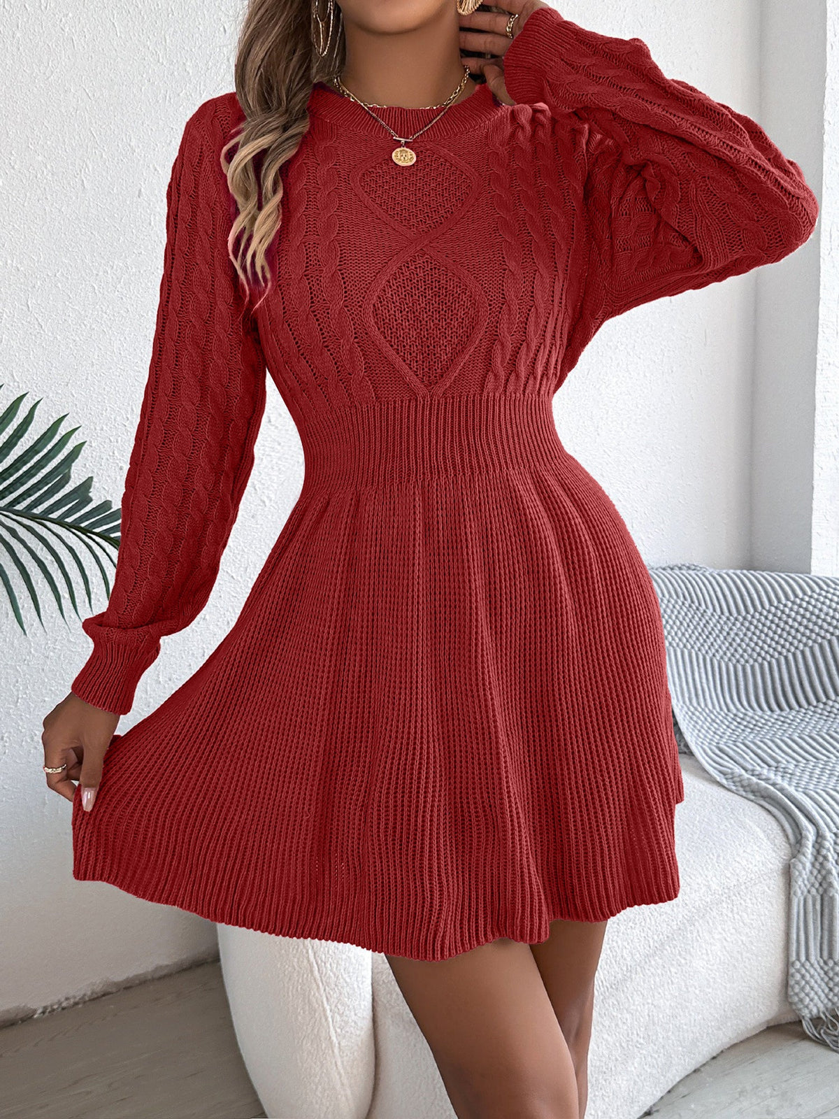 Round Neck Long Sleeves Cable Knit Mini Sweater Dress