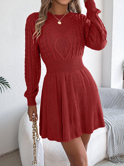 Round Neck Long Sleeves Cable Knit Mini Sweater Dress