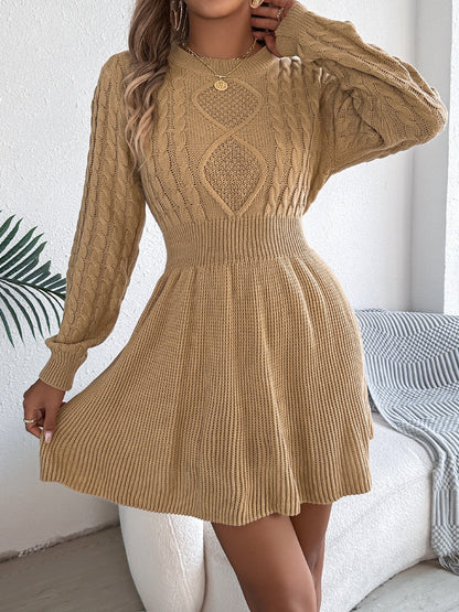 Round Neck Long Sleeves Cable Knit Mini Sweater Dress