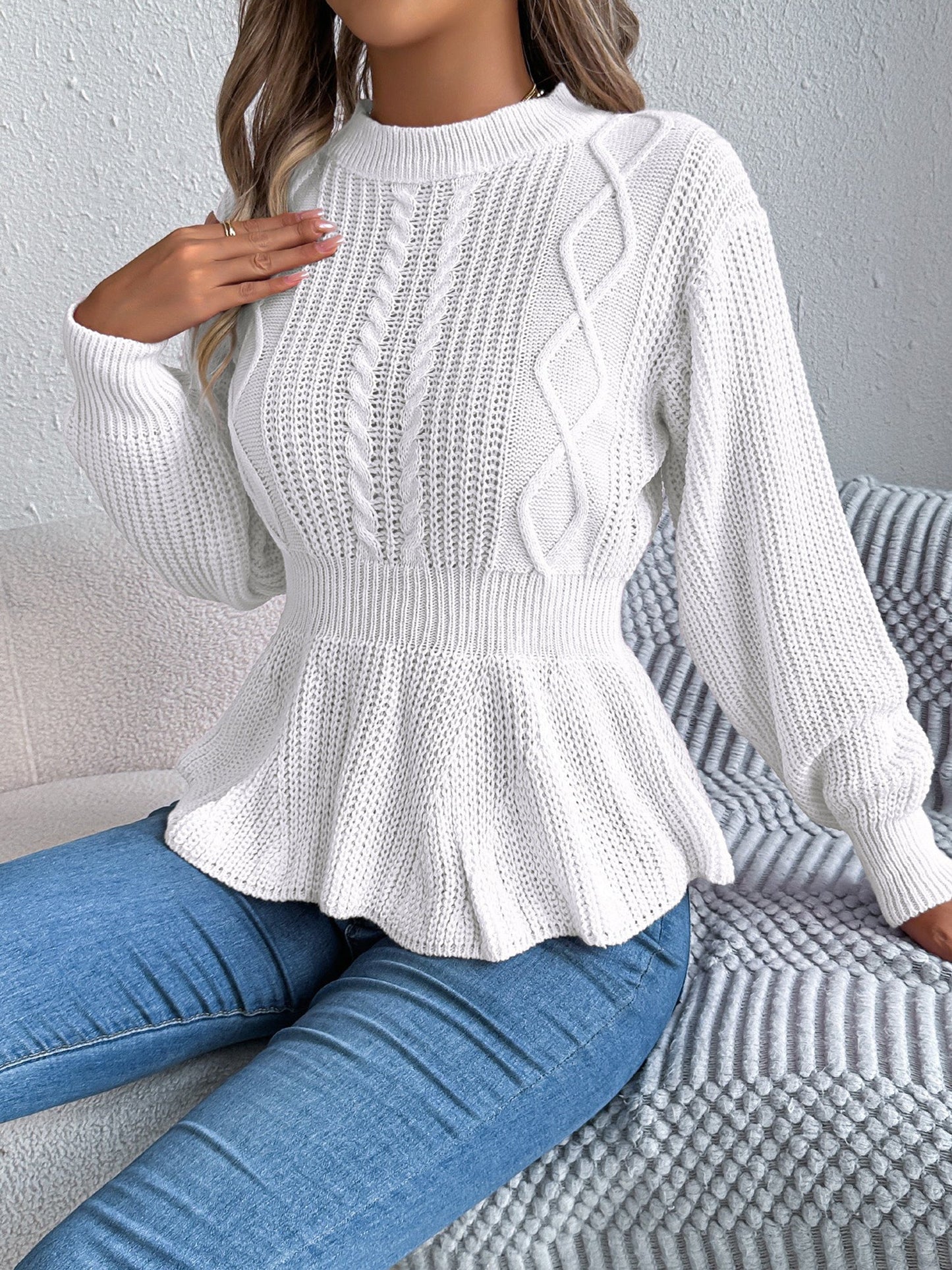 Crew Neck Long Sleeves Cable Knit Peplum Sweater
