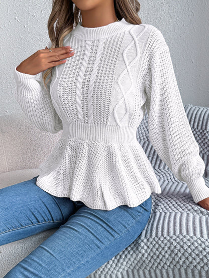Crew Neck Long Sleeves Cable Knit Peplum Sweater