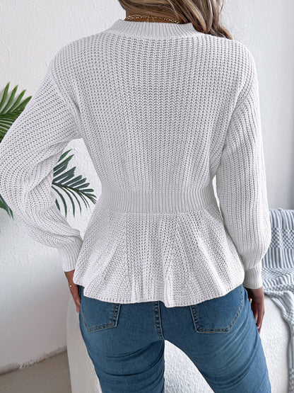 Crew Neck Long Sleeves Cable Knit Peplum Sweater