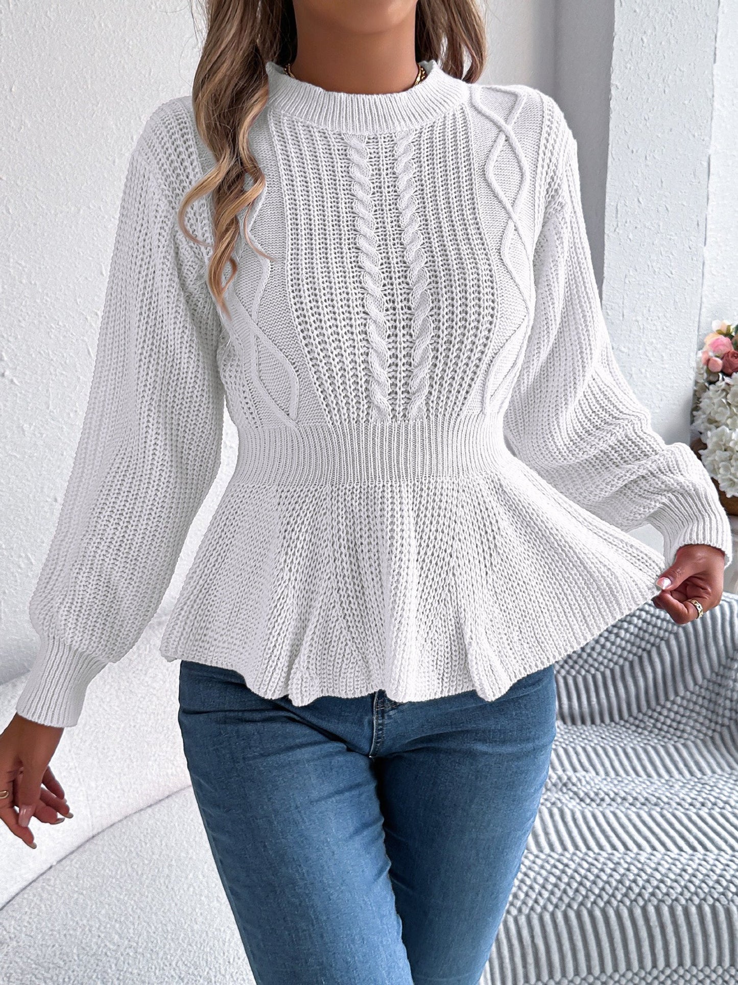 Crew Neck Long Sleeves Cable Knit Peplum Sweater