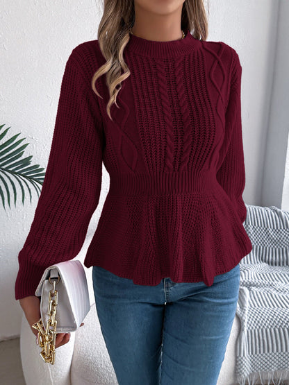Crew Neck Long Sleeves Cable Knit Peplum Sweater