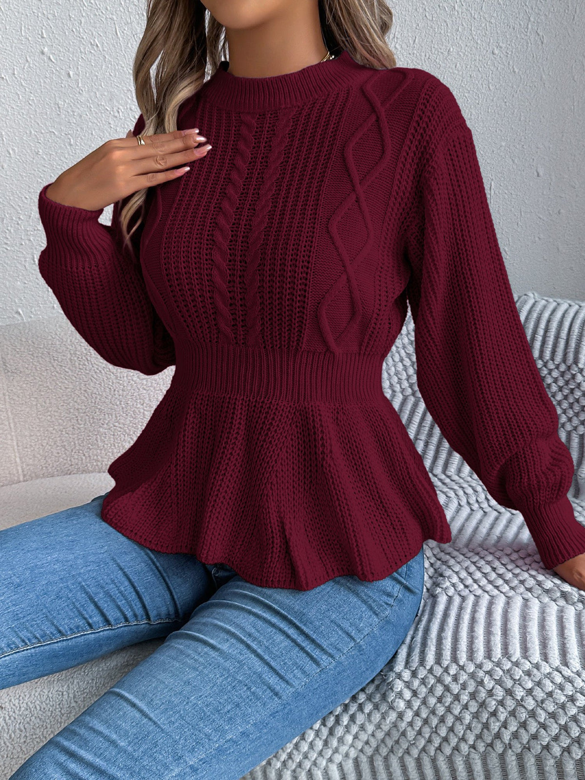 Crew Neck Long Sleeves Cable Knit Peplum Sweater