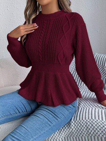 Crew Neck Long Sleeves Cable Knit Peplum Sweater