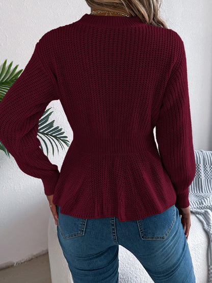 Crew Neck Long Sleeves Cable Knit Peplum Sweater
