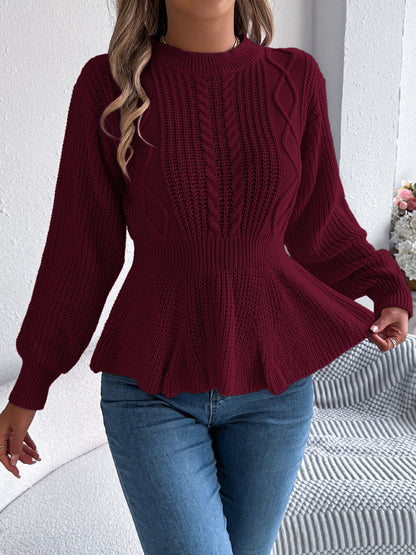 Crew Neck Long Sleeves Cable Knit Peplum Sweater