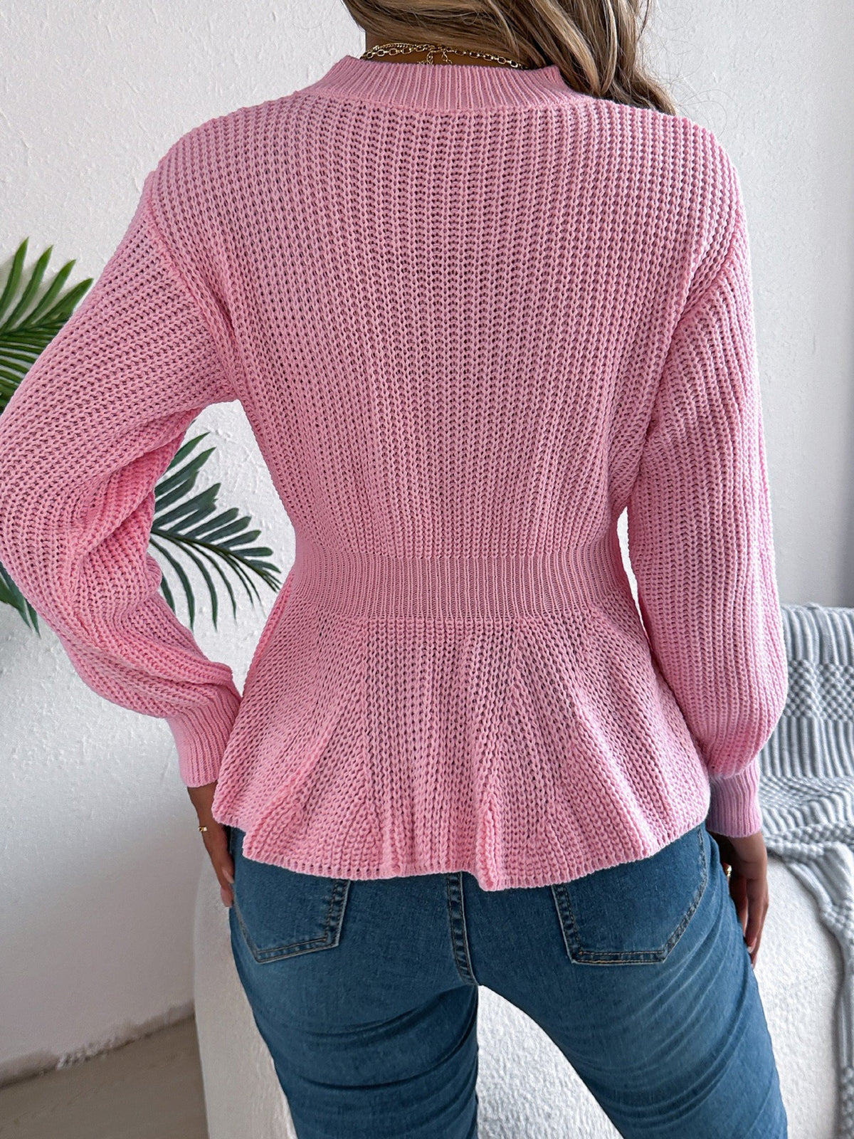 Crew Neck Long Sleeves Cable Knit Peplum Sweater
