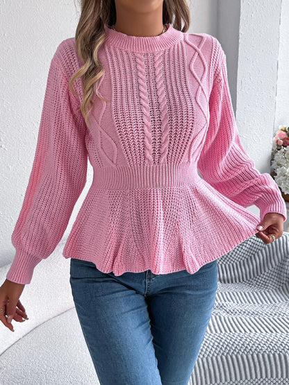 Crew Neck Long Sleeves Cable Knit Peplum Sweater