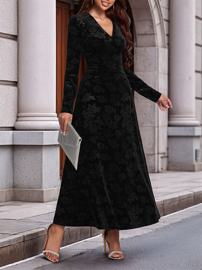 Long Sleeves V Neck Velvet A-Line Maxi Dress