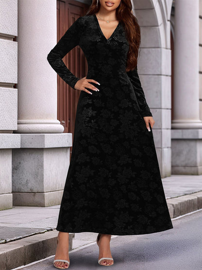 Long Sleeves V Neck Velvet A-Line Maxi Dress