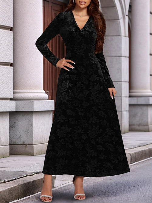 Long Sleeves V Neck Velvet A-Line Maxi Dress