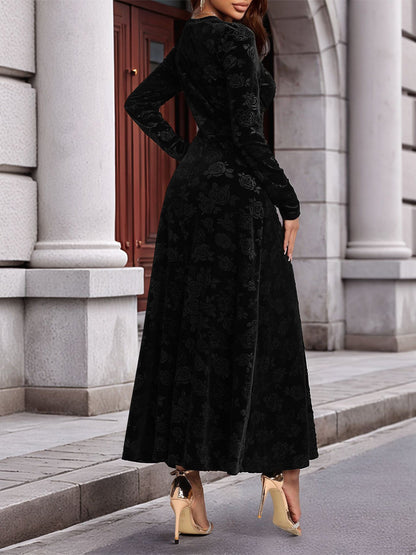 Long Sleeves V Neck Velvet A-Line Maxi Dress