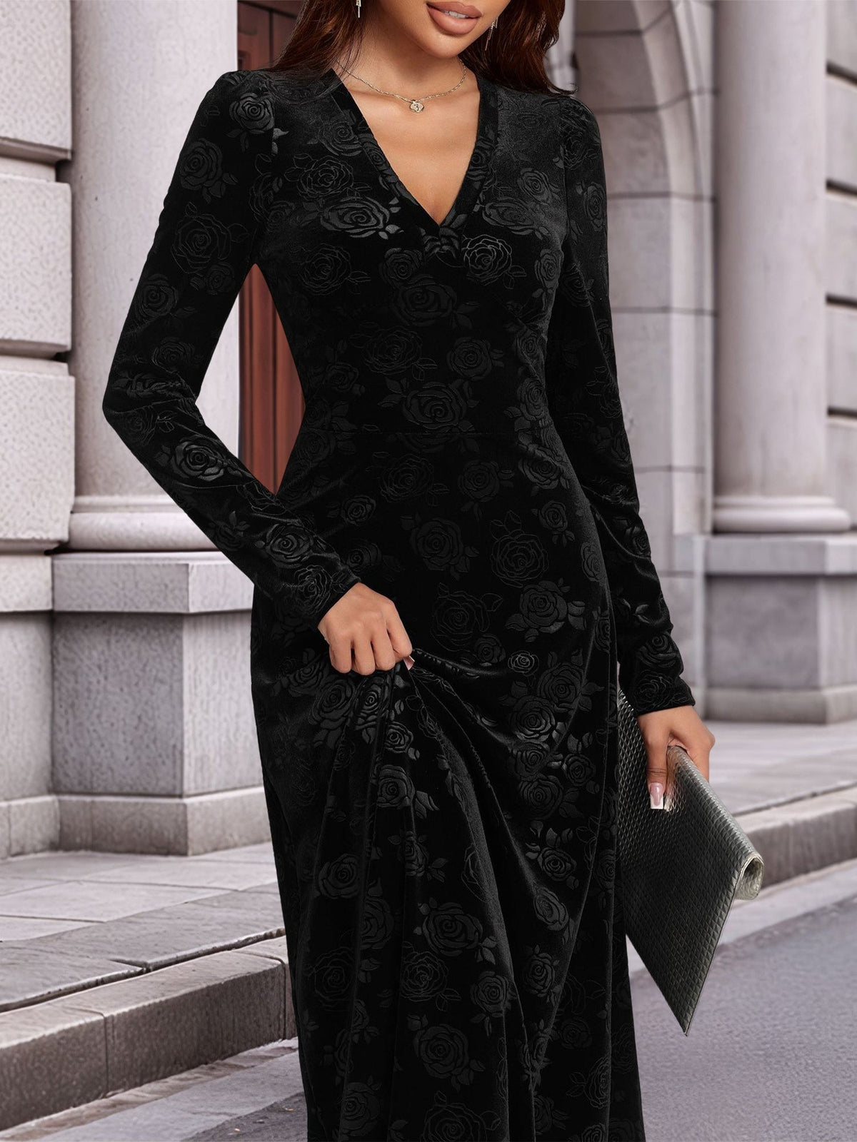 Long Sleeves V Neck Velvet A-Line Maxi Dress