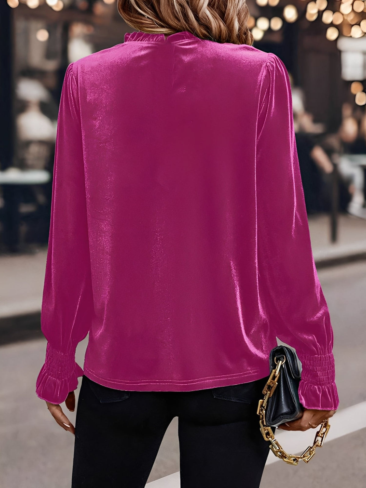 Velvet Ruffled Smocked Puff Sleeves Casual Blouse