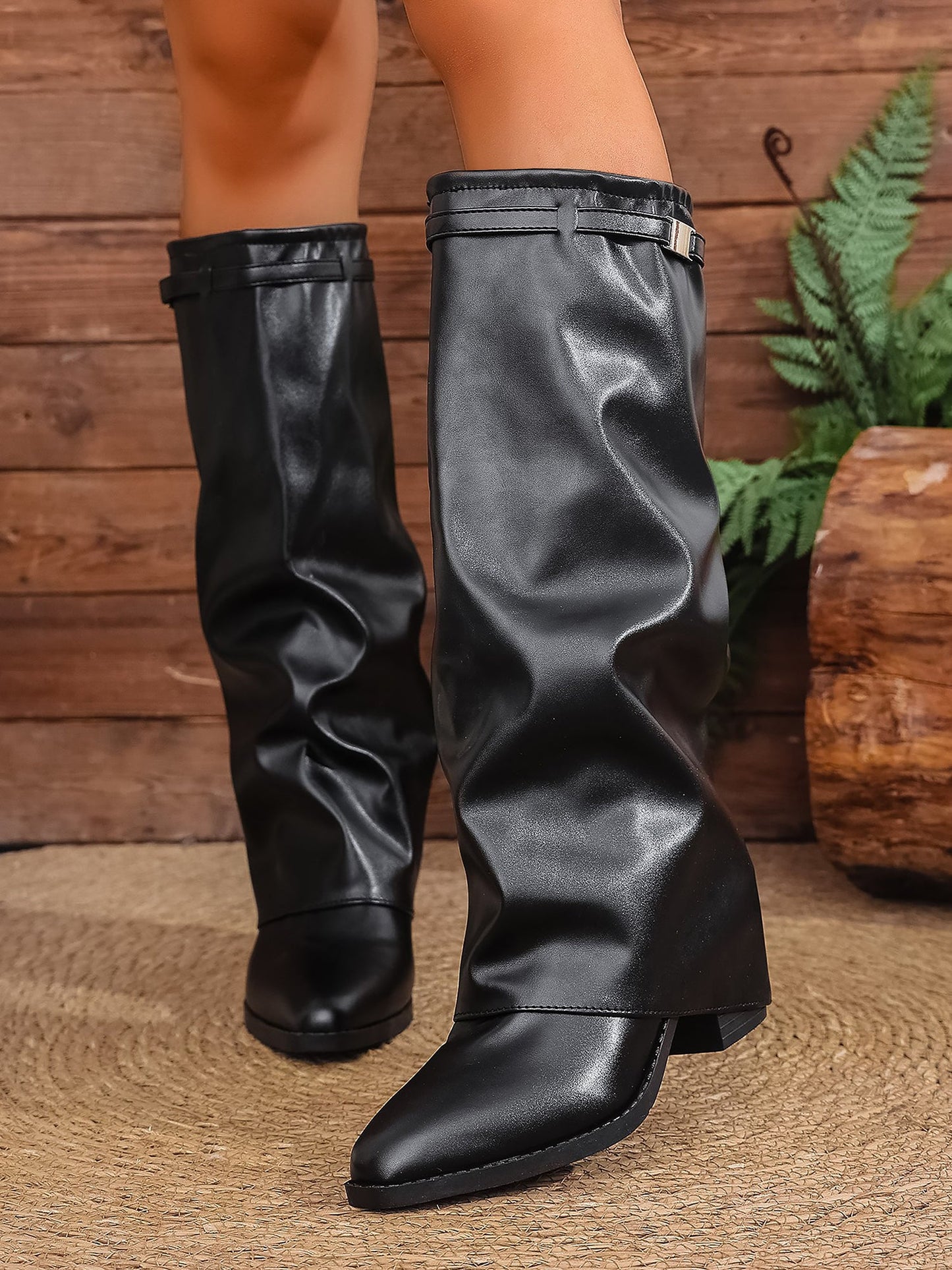 Faux Leather Block Heels Fold Over Knee High Boots
