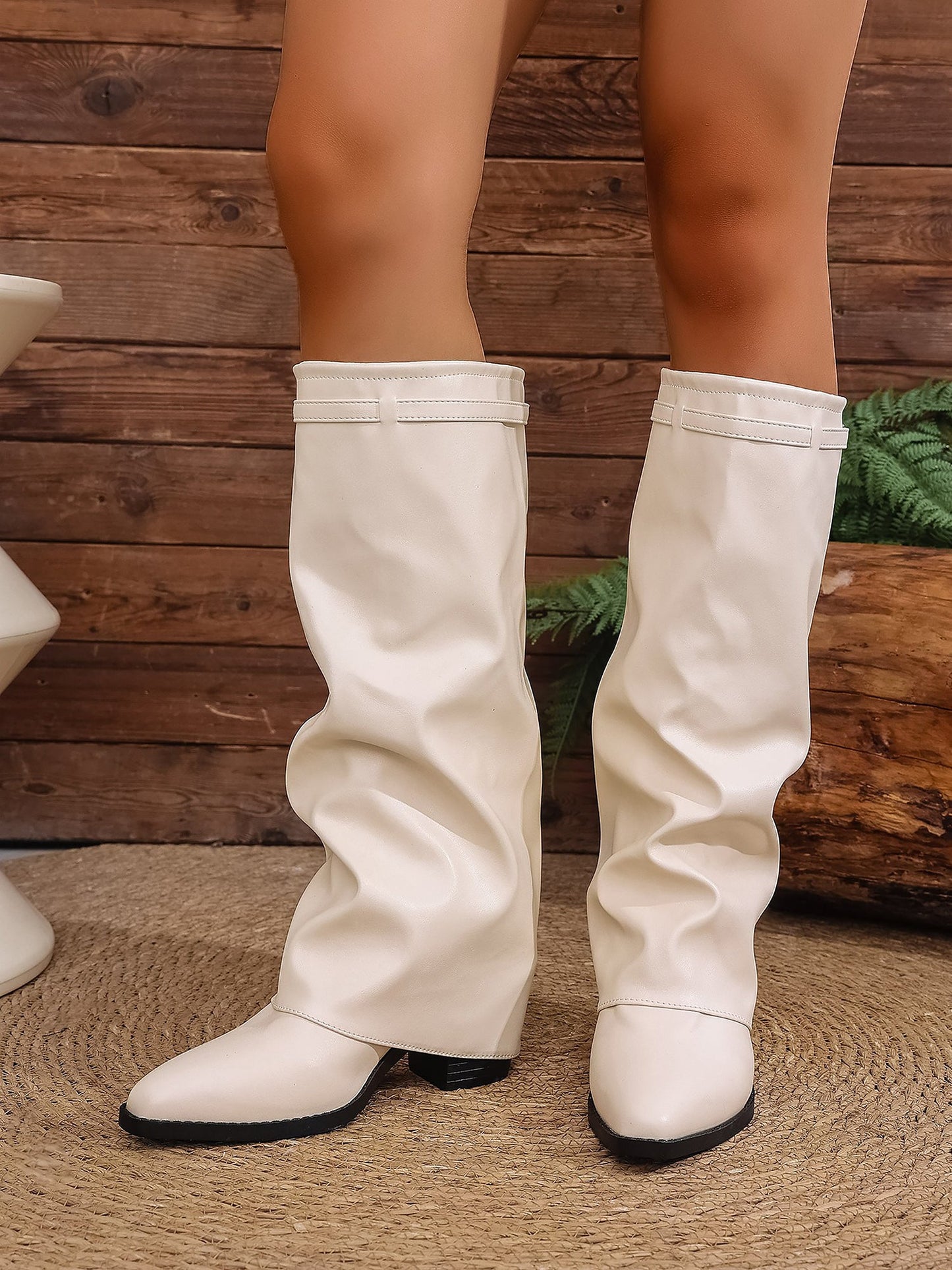 Faux Leather Block Heels Fold Over Knee High Boots