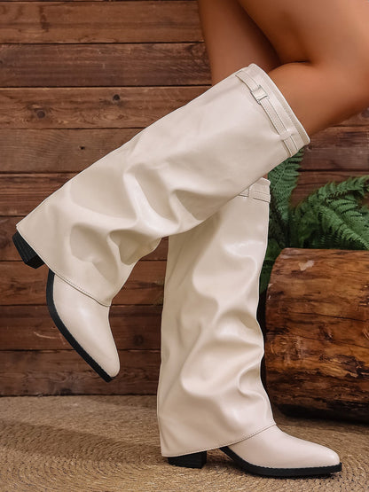 Faux Leather Block Heels Fold Over Knee High Boots