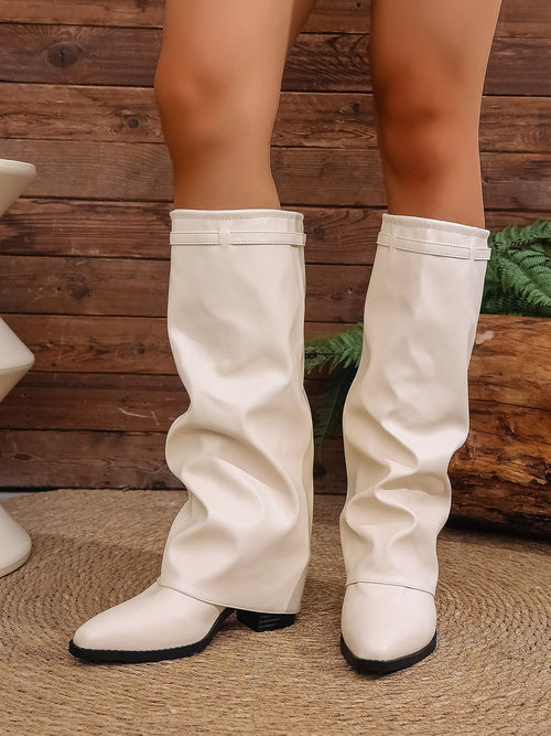 Faux Leather Block Heels Fold Over Knee High Boots