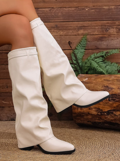 Faux Leather Block Heels Fold Over Knee High Boots