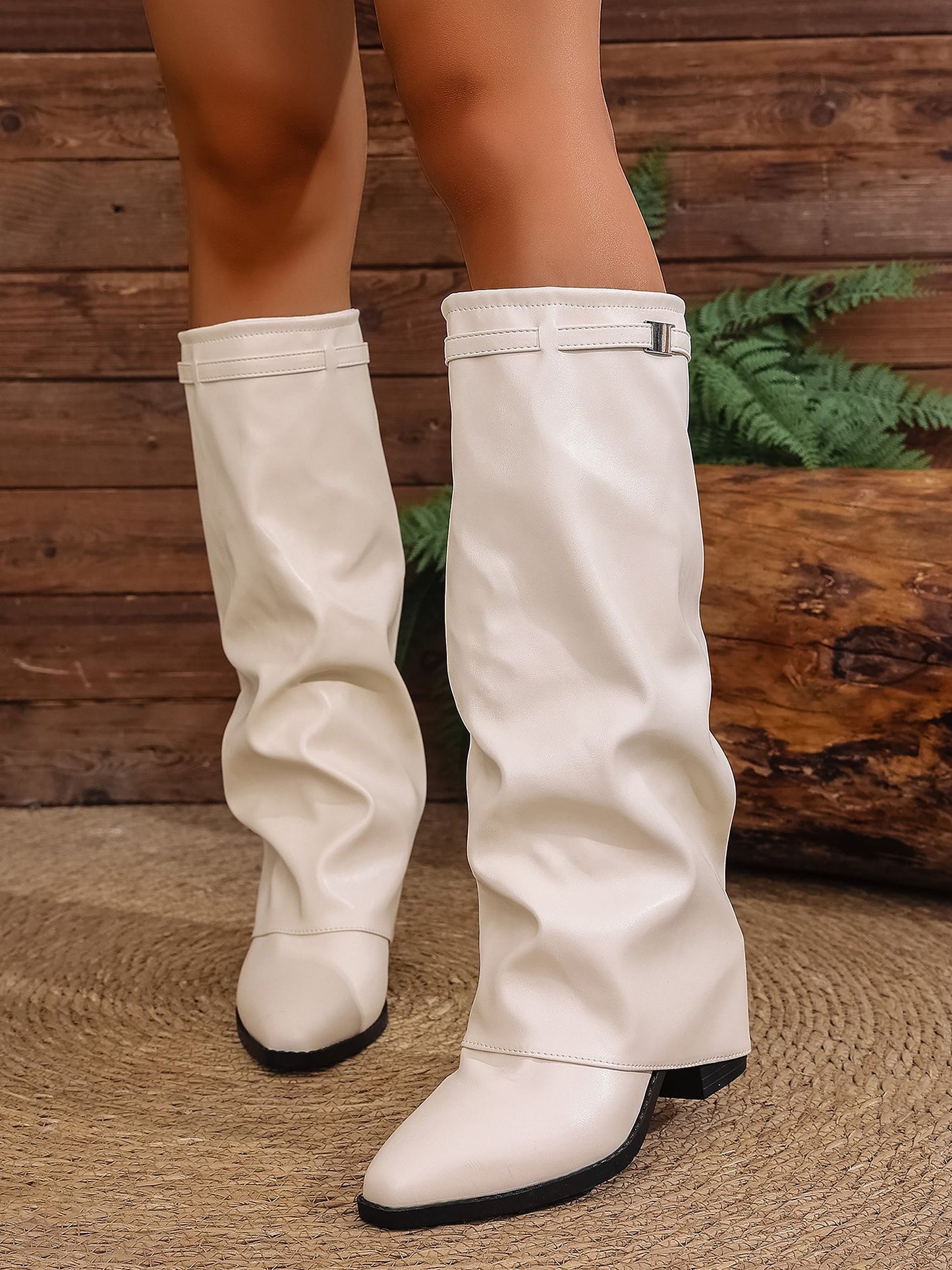 Faux Leather Block Heels Fold Over Knee High Boots